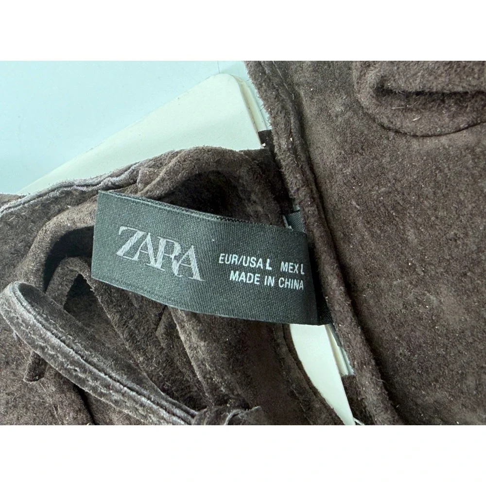 Zara Fingerless Gloves L Brown 100% Suede Leather Lace Up Cut Out NWT